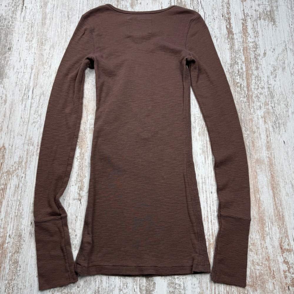 VTG Y2K Abercrombie & Fitch Brown Fitted Ribbed Henley Long Sleeve Top Medium - Picture 2 of 9